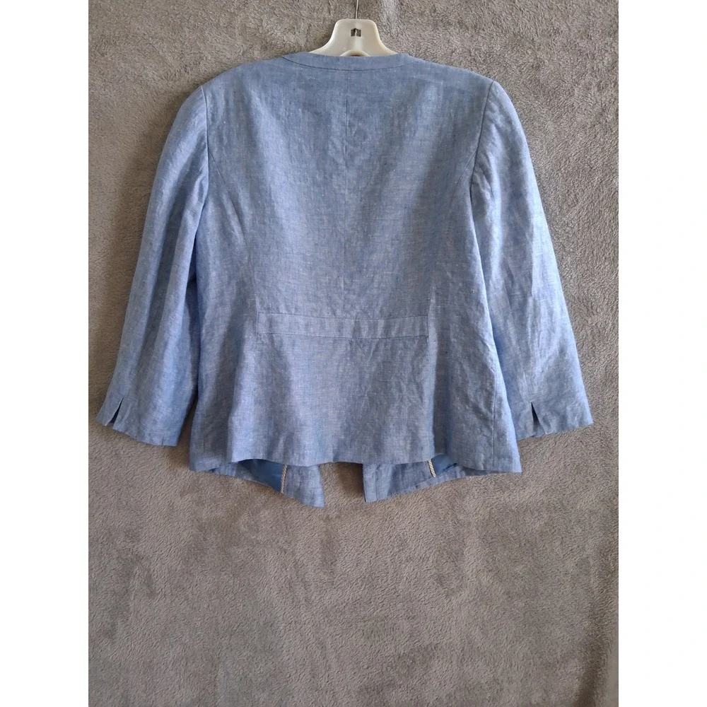 Talbots Linen Blazer 8P Blue Open Front 3/4 Sleeve Coastal Preppy Quiet Luxury